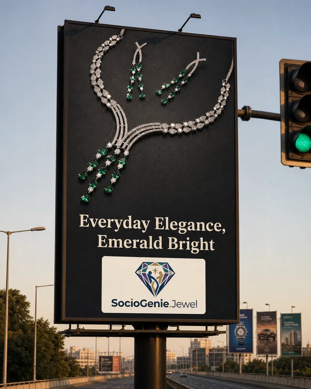 Marketing visual · Billboard made by SocioGenie for a demo jewelry brand